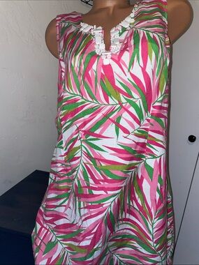 Ruby Rd. Pink Green Palm-Print Mini Dress with White Beaded Neckline
